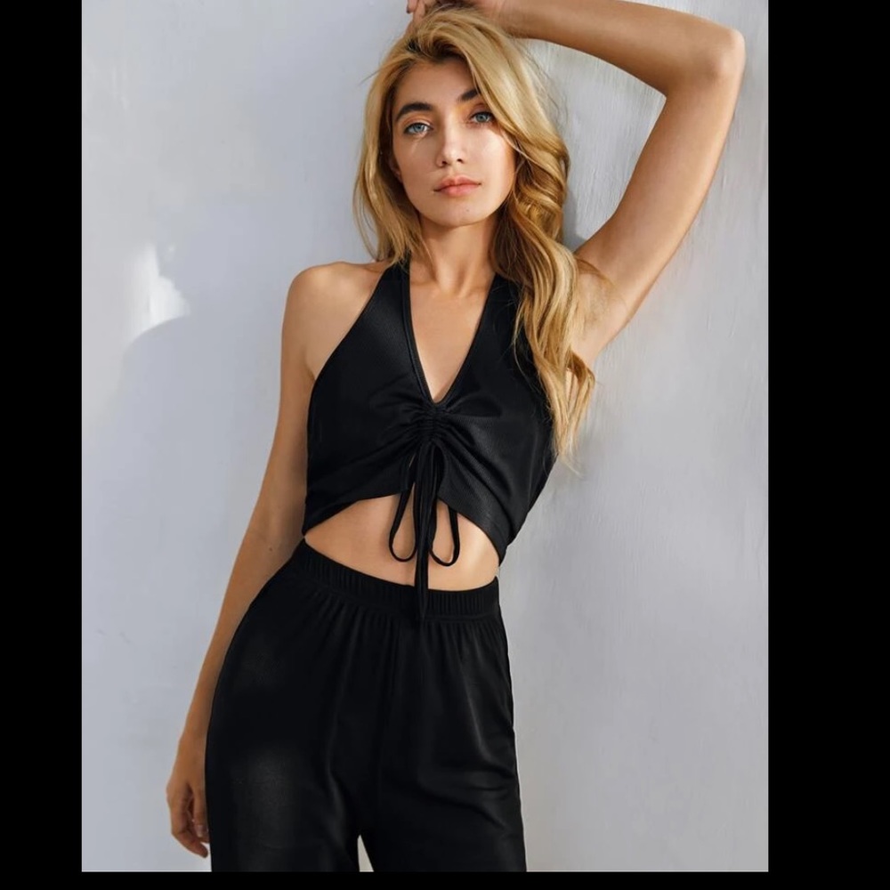 Drawstring Front Halter Top & Pants 2 Piece Set NWT